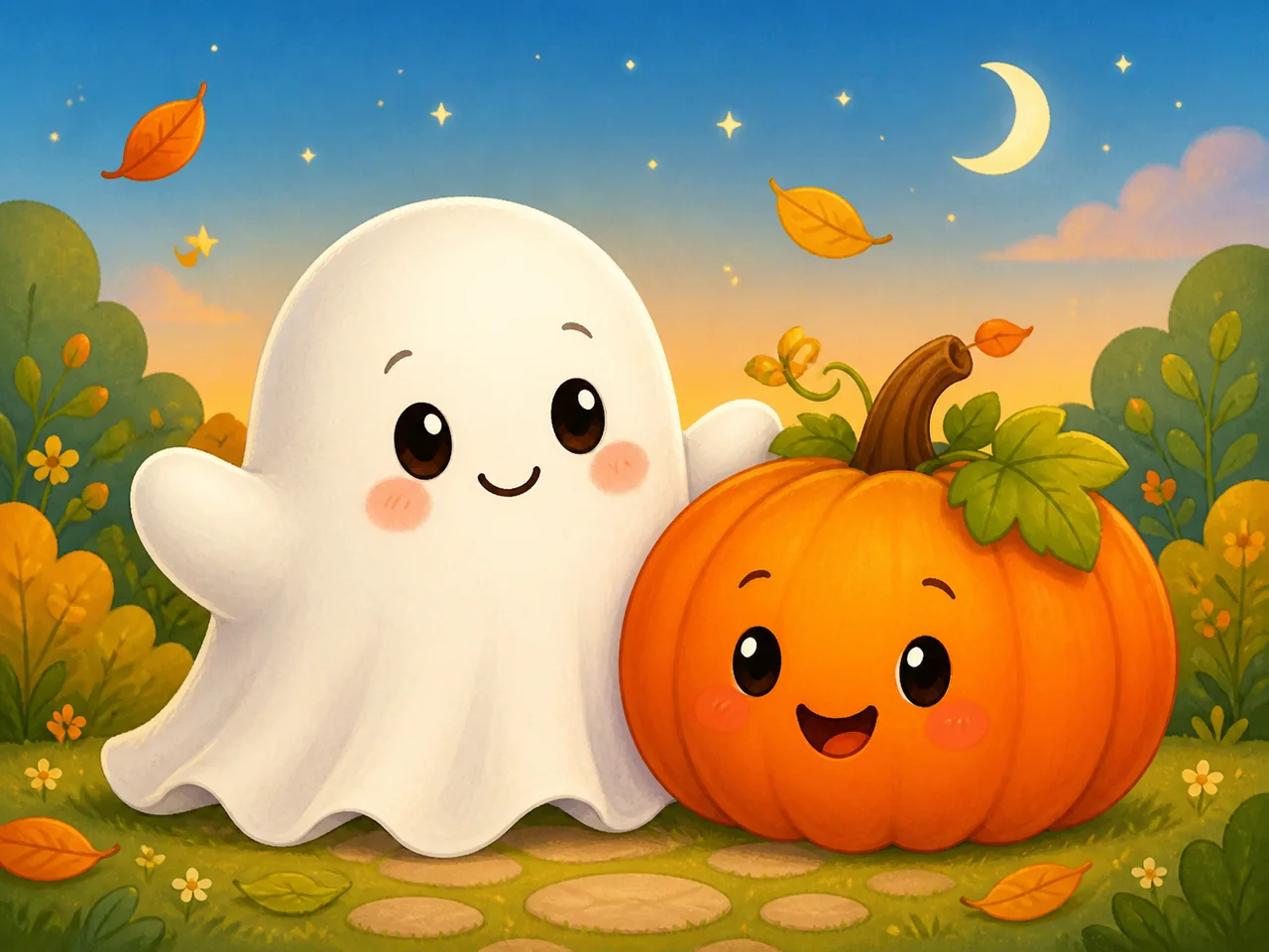 Cute cartoon ghost beside a smiling pumpkin in an autumn garden